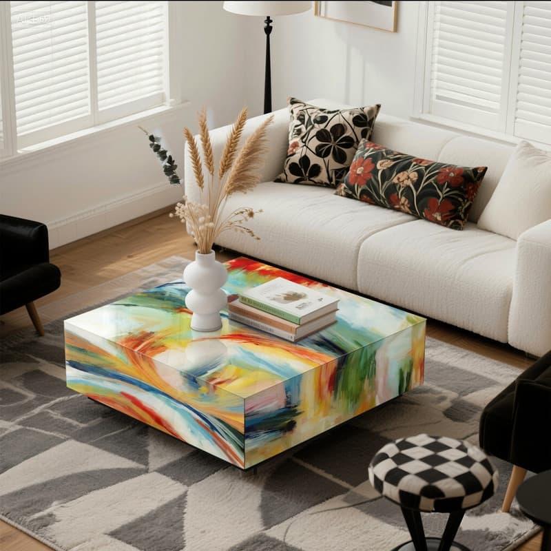 Square Modern Abstract Glass Coffee Table