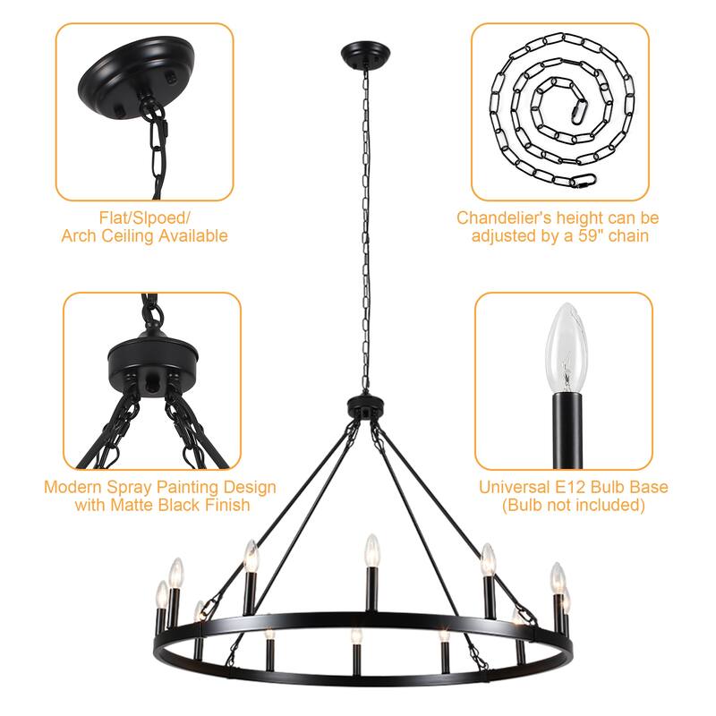 Dineen 12-Light Vintage Candle Style Wagon Wheel Chandelier