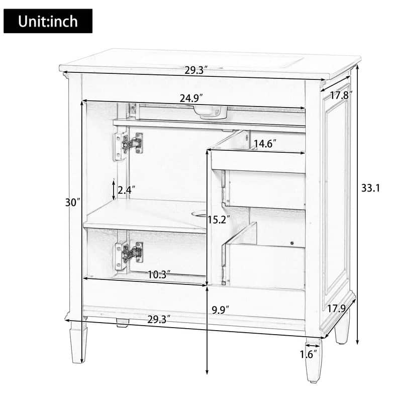 30 Inch Bathroom Vanity with Sink, Modern Vanity Cabinet with One Flip Drawer and Two Storage Drawers