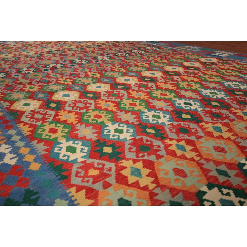 Geometric Kilim Large Rug Hand-Woven Oriental Wool Carpet - 10'2" x 16'1"