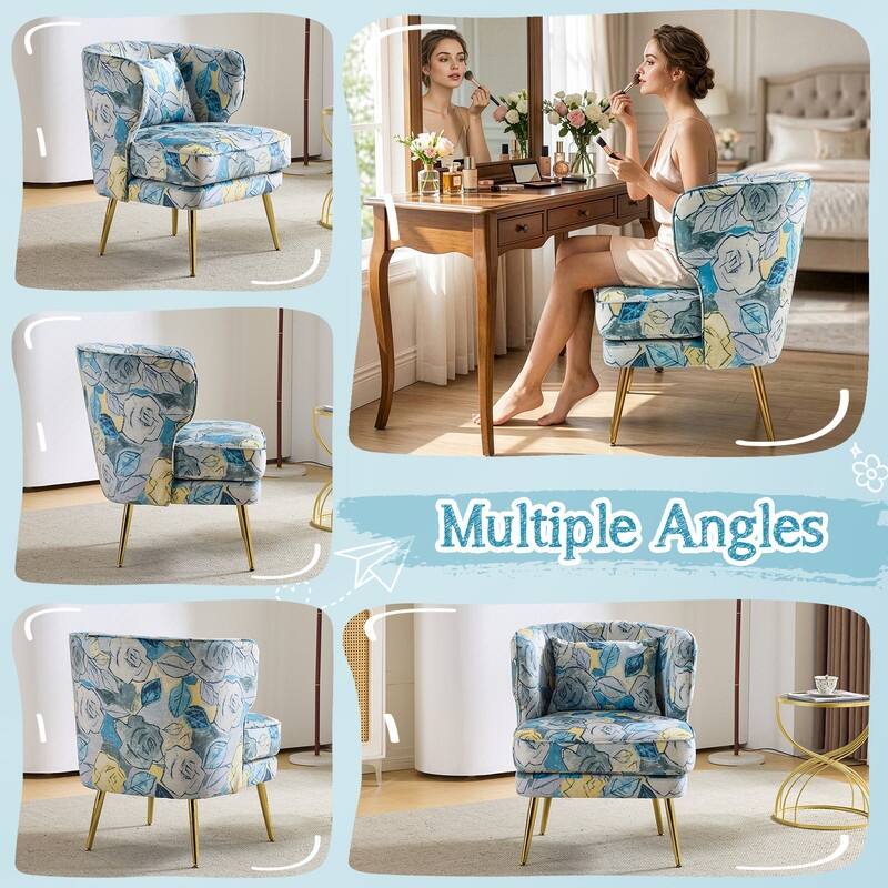 Mid Century Modern Upholstered Reading Chair with Lumbar Pillow, Gold Metal Legs, Small Space Friendly for Living Room Bedroom