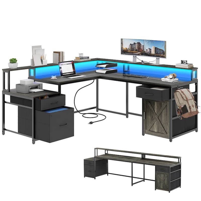 Moasis 63" Corner L Shaped LED Computer Desk with Drawers & Power Outlets - Grey