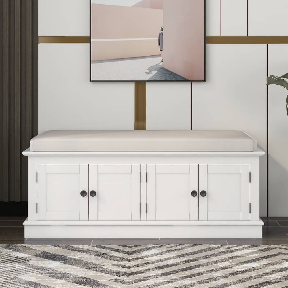 Storage Shoes Bench with 4 Doors and Adjustable Shelves, Removable Cushion
