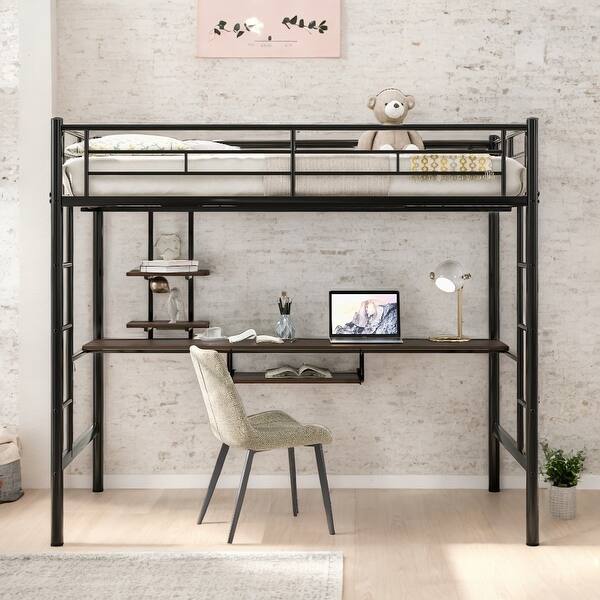 slide 2 of 8, Full Size Metal Loft Kids Bed with Desk, 2-Shelves, Double Ladders, High Guardrails and Space-Saving Design for Bedroom, Black Black