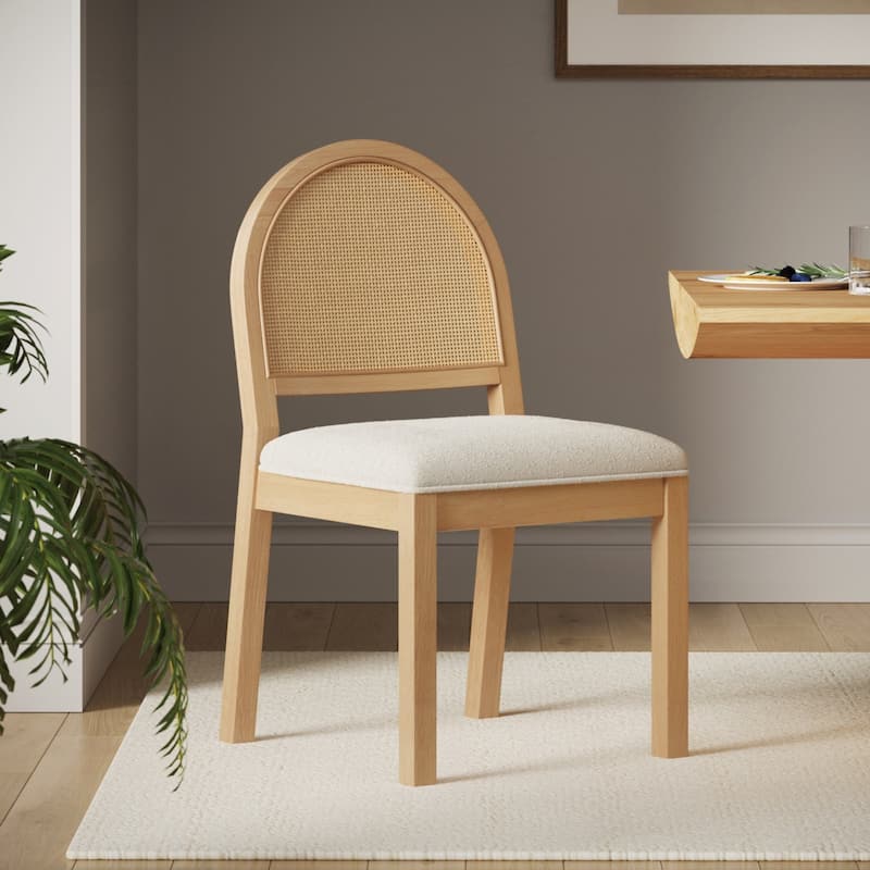 Bailey 19 in. Boucle Dining Chair, Upholstered Side Chair with Natural Woven Rattan Back and Solid Wood Legs - Single - Cream Boucle/Warm Pine