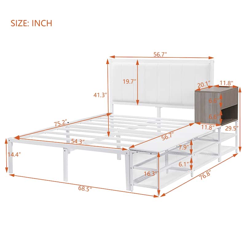 Platform Bed with 2-Tier Storage Shelves & Wooden Storage Cabinet, Metal Bed Frame w/Upholstered Headboard & USB Ports