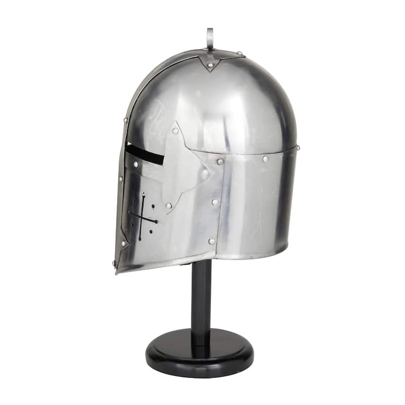 Silver Metal Replica Medieval Knight Crusader Helmet with Black Wood Stand - 9 x 10 x 18