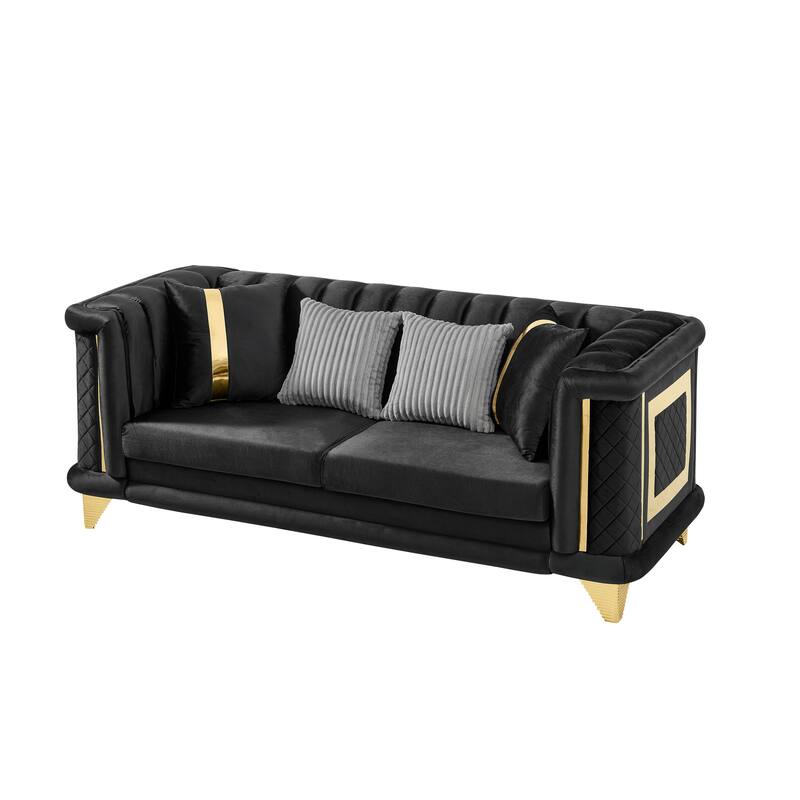 89 Inches Black Velvet 3 Seater Luxury Sofa with Gold Stainless Steel Trims and Embroidered Texture