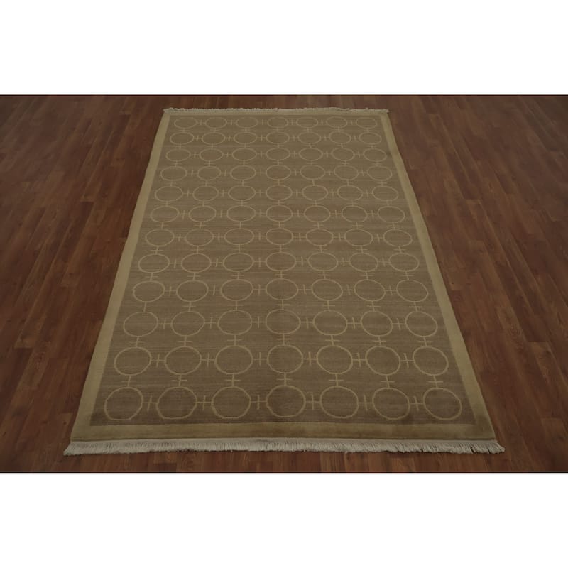 Hand Knotted Oriental 100% Wool Carpet Modern Geometric Brown Nepalese Area Rug - 8' 0'' X 5' 0''