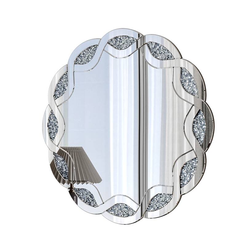 Silver Crush Diamond Round Wall Mirror, 31.5 Inch Wave Frame Decorative Mirror for Living Room, Bathroom, Bedroom