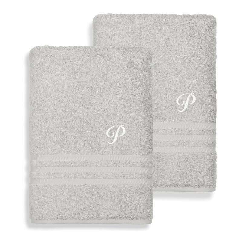 Authentic Hotel and Spa Omni Turkish Cotton Terry Set of 2 Grey Bath Towels with White Script Monogrammed Initial - P