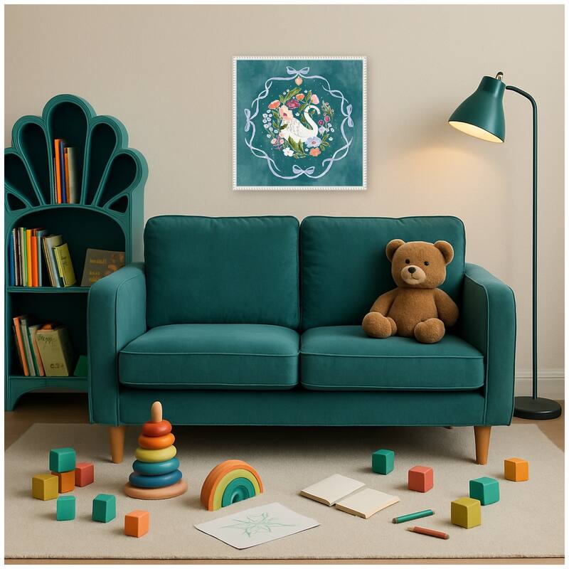 Kate and Laurel JL Swan Floral and Bows by Jill Labieniec Framed Canvas Wall Art Print