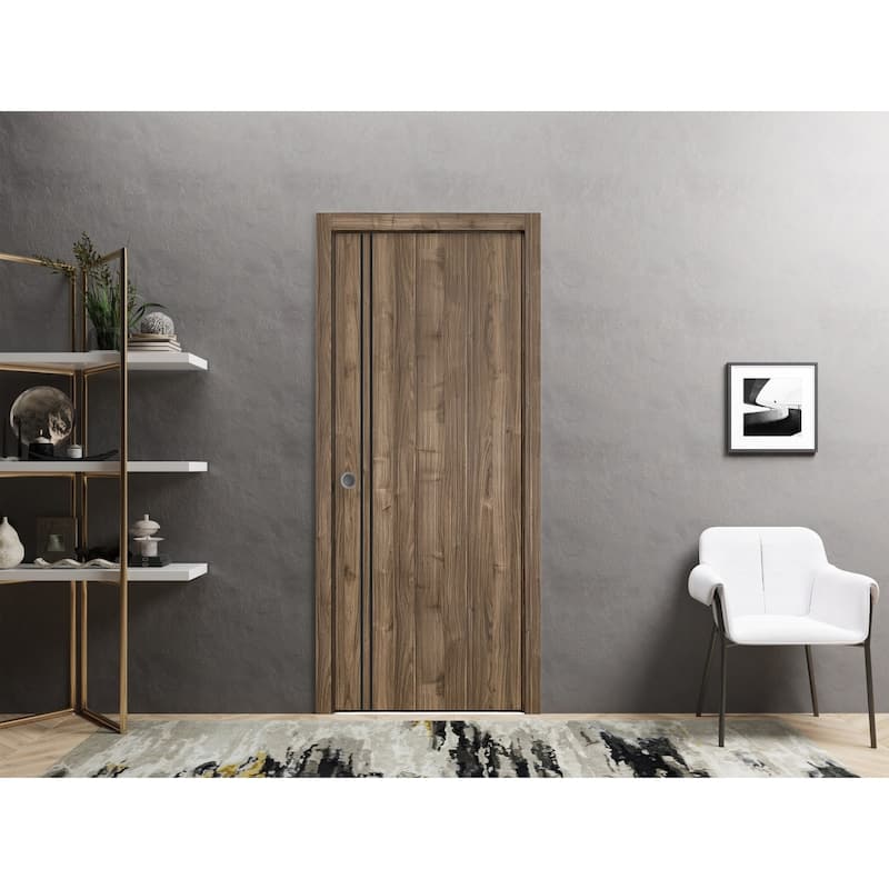 French Pocket Door 28 x 80 with Planum 0016 Walnut with Kit Trims Rail
