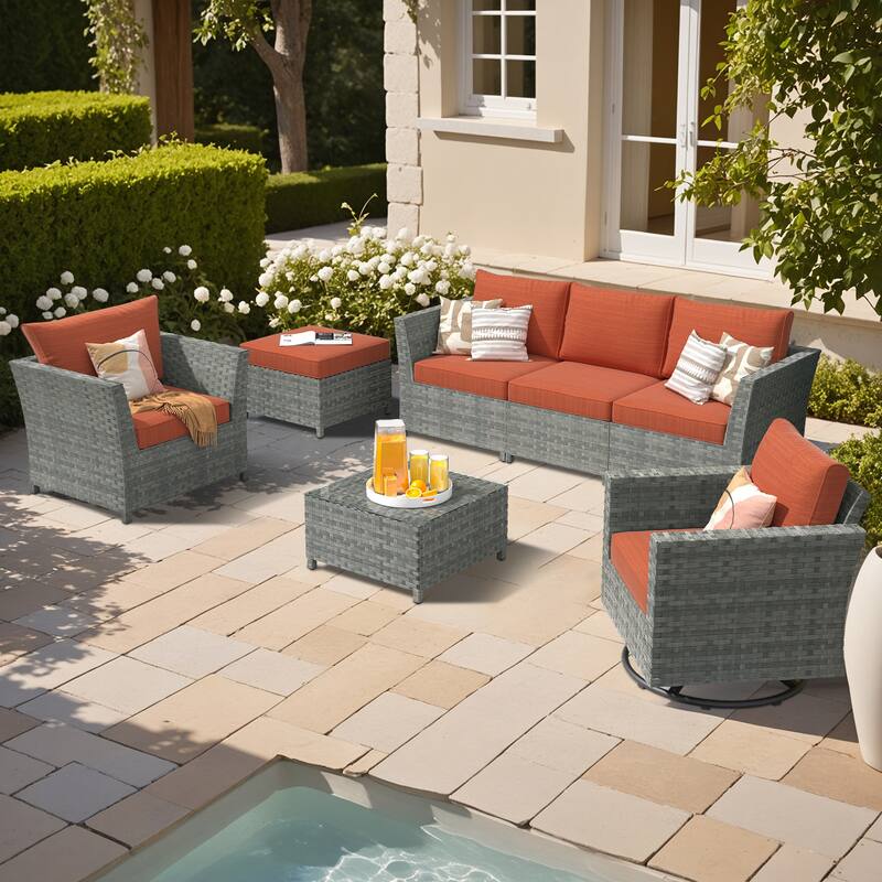XIZZI 7-piece Outdoor Patio Furniture Rattan Wicker Conversation Set - Red/Orange