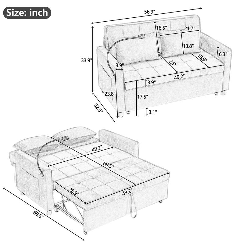Modern Convertible Sofa Bed Pull-Out Loveseat with USB Ports, Grey Padded Sleeper Sofa with Adjustable Backrest