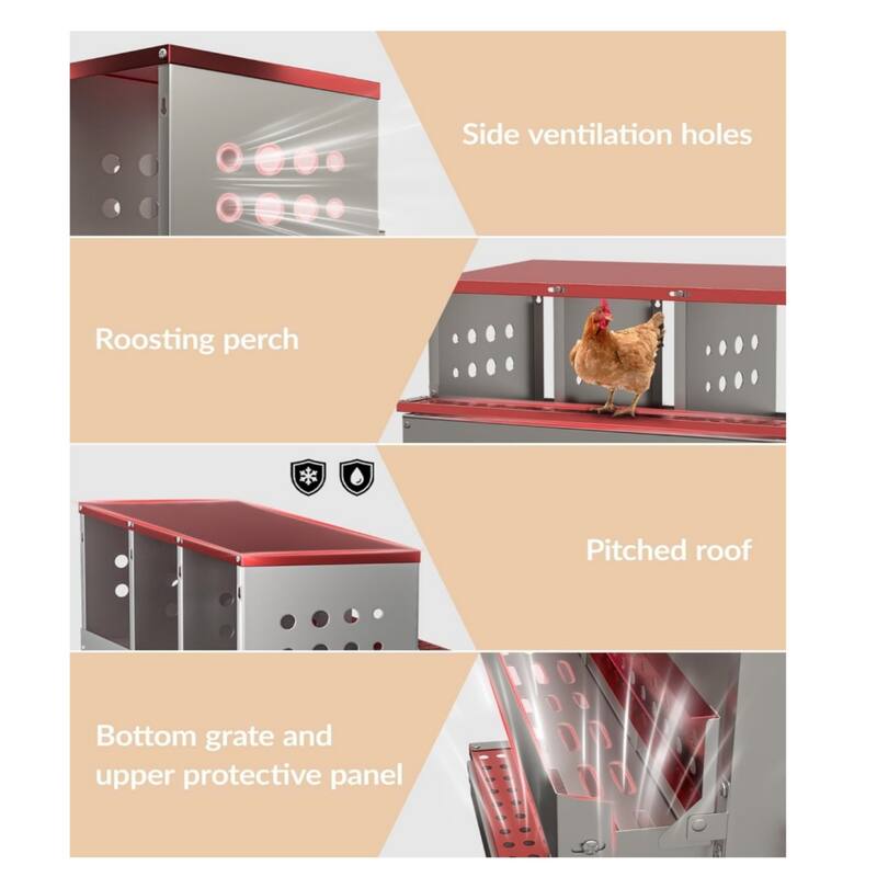 6-Compartment Chicken Nest Box Hens Laying Nest with Metal Legs and 8 Fake Training Eggs Red