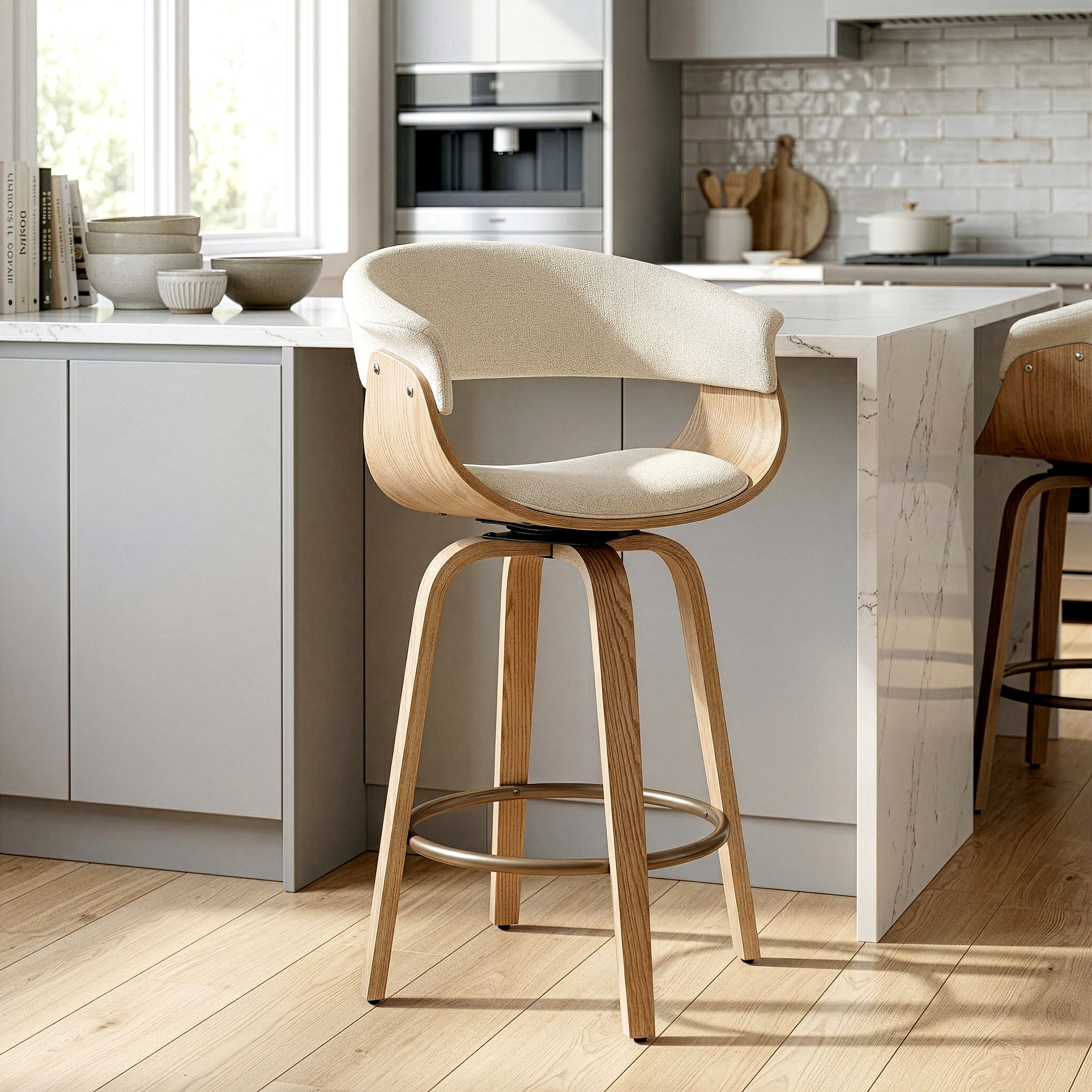 Berkeley Beige Fabric Counter Stool with Natural Wood Accent Legs