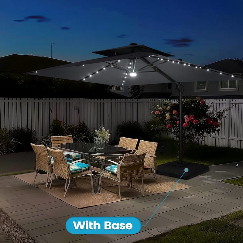 9 x 11 FT Outdoor LED Lighted Patio Cantilever Umbrella with 4-Piece Fillable Weighted Base