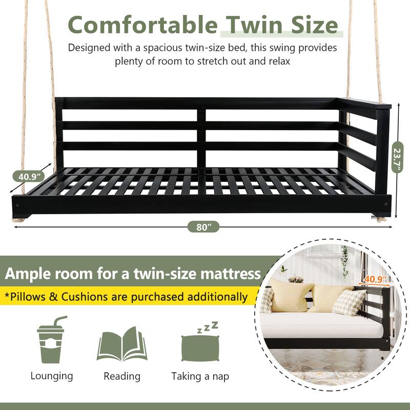 Patio Wood Twin Size Swing with Hemp Ropes (No Cushion,Pillow)