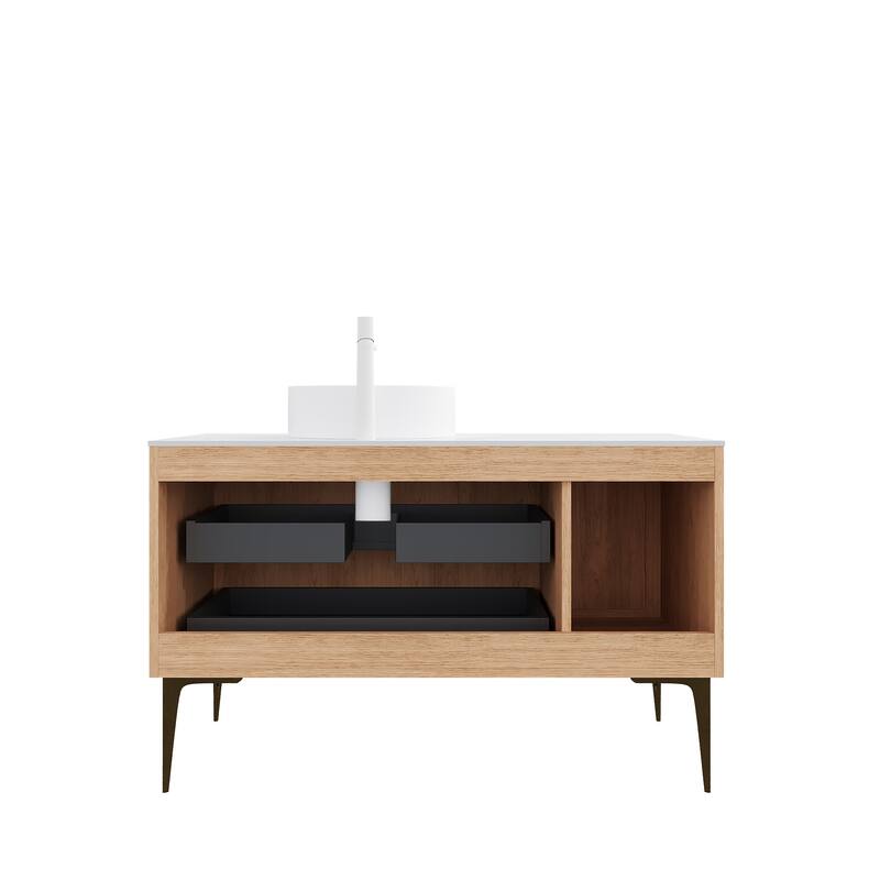 GDFStudio - Munin Freestanding Bathroom Vanity with Ceramic Sink, 4 Metal Legs, Oak Woodgrain Color, WITHOUT Faucet