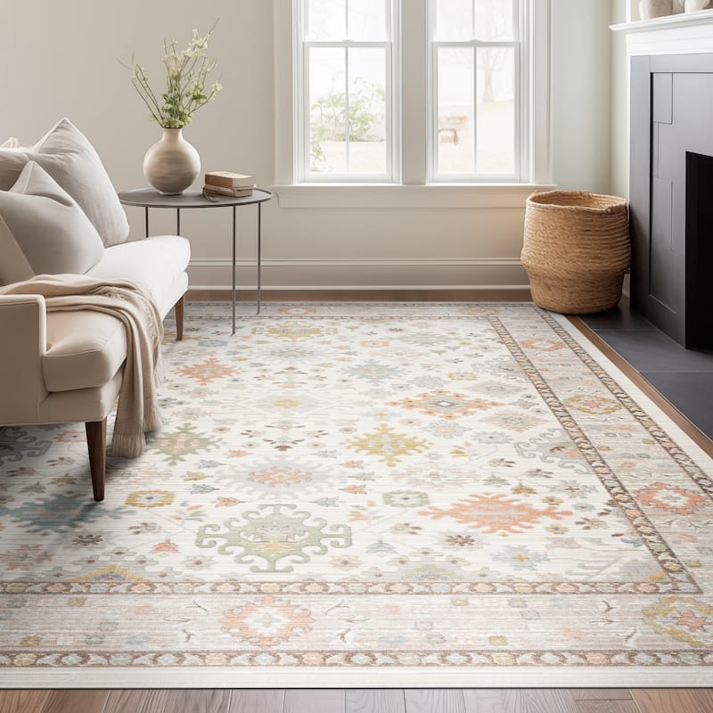 Crosswood Ellen Traditional Floral Indoor Polyester Area Rug - 5'3'' x 7' - Cream/Aqua