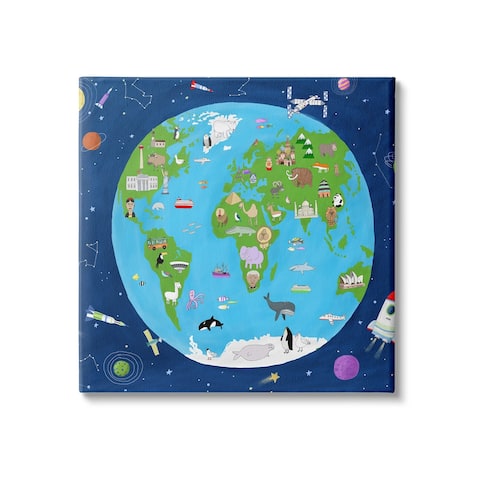 Stupell Industries Children's Earth and Outer Space Map Animals Stars Canvas Wall Art - Blue