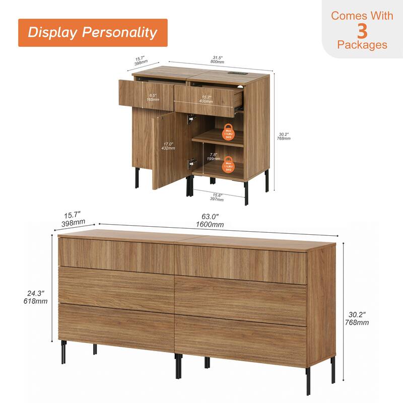 4 Pcs Bedroom Set，Reeded 6 Drawer Dresser and Nightstand Sets for Bedroom, Night Stand Set of 2