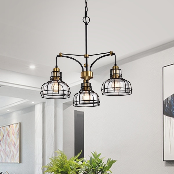 Black and Antique Gold 3-Light Chandelier with Clear Glass Shade