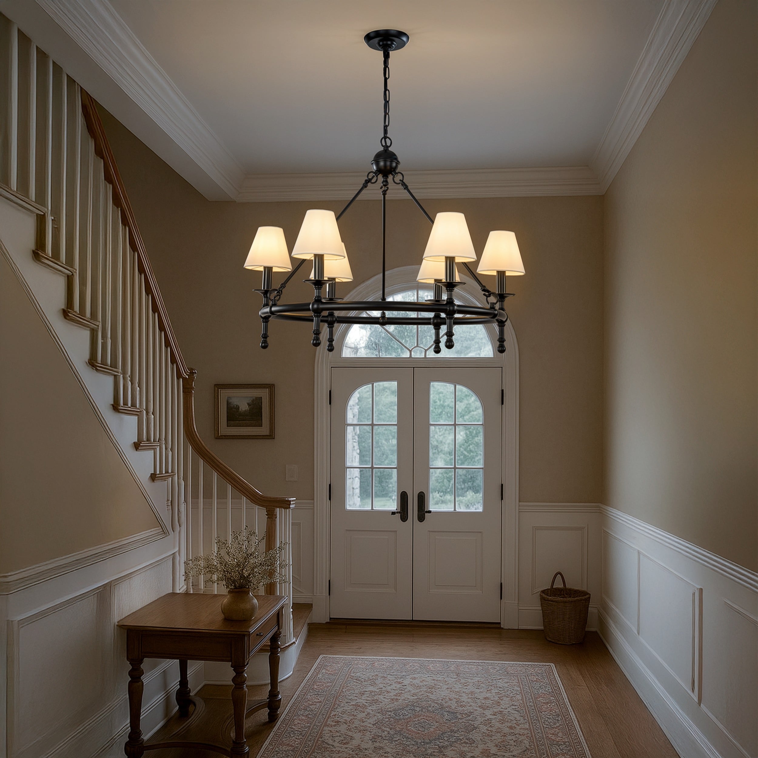 Vintage Brass Chandelier 6-Light Classic Pendant Fixture with White Shades for Elegant Interior Lighting - W33.5''