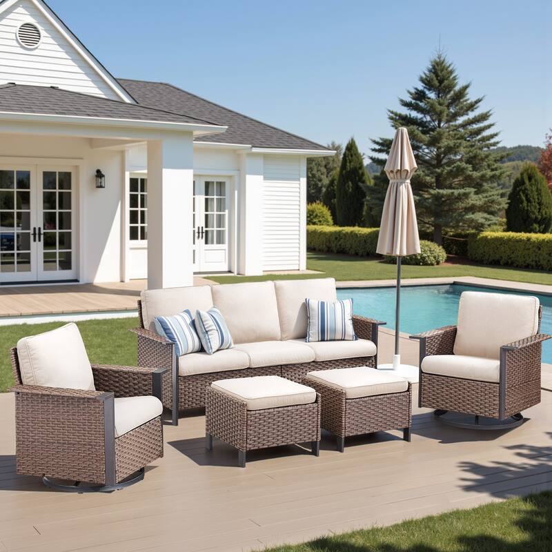 Pocassy Outdoor Wicker 4-Piece Sofa Swivel Chair with Ottoman - Brown Wicker Beige Cushion - 4-Piece Sofa Swivel Chair with Ottoman