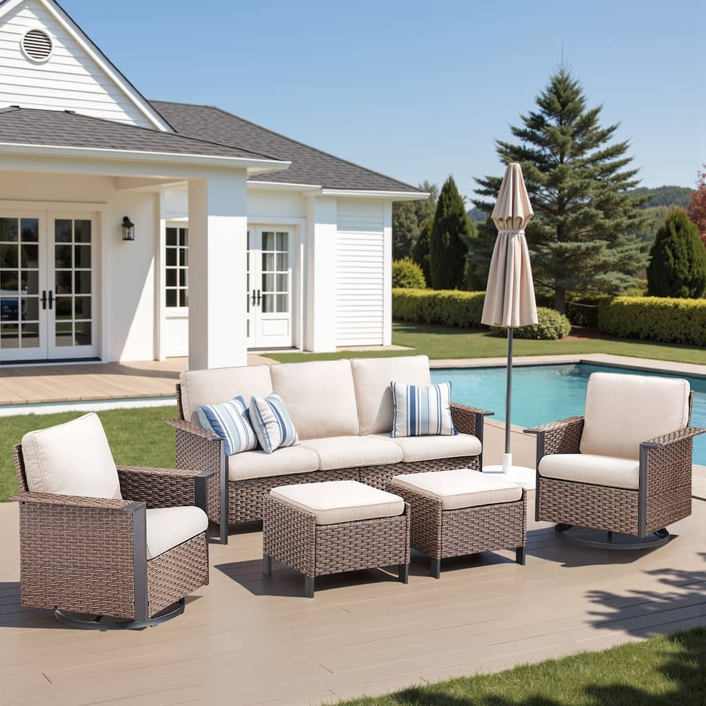Pocassy Outdoor Wicker 4-Piece Sofa Swivel Chair with Ottoman