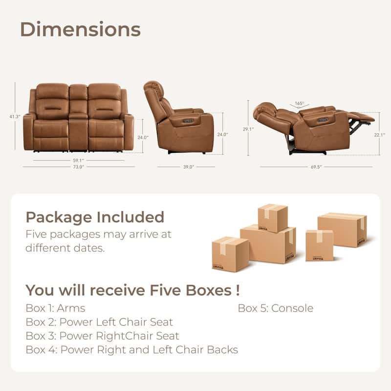 Spruce & Spring Genuine Leather Power Reclining Sofa with Wireless Charging