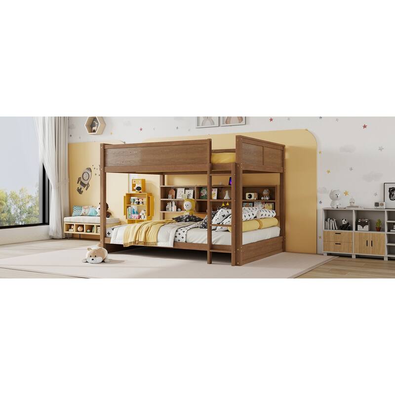 Roomfitters Queen Over Queen Bunk Bed with Storage Cabinets & Charging Station, Solid Pine Wood with Ladder & Guardrails, Wheat