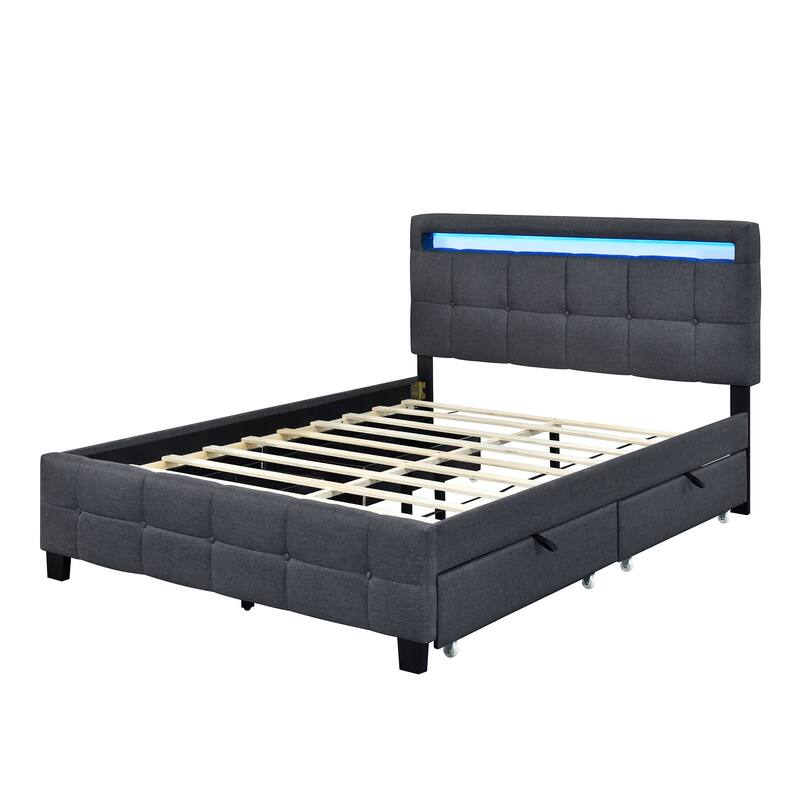 Linen Upholstered Platform Bed Frame with LED Light Headboard & 2 Drawers