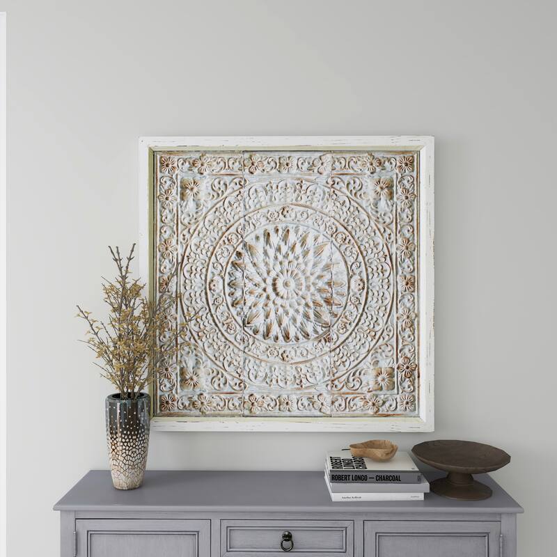 Brown Metal Embossed Mandala Scroll Floral Home Wall Decor with Gray Backing and White Wood Frame