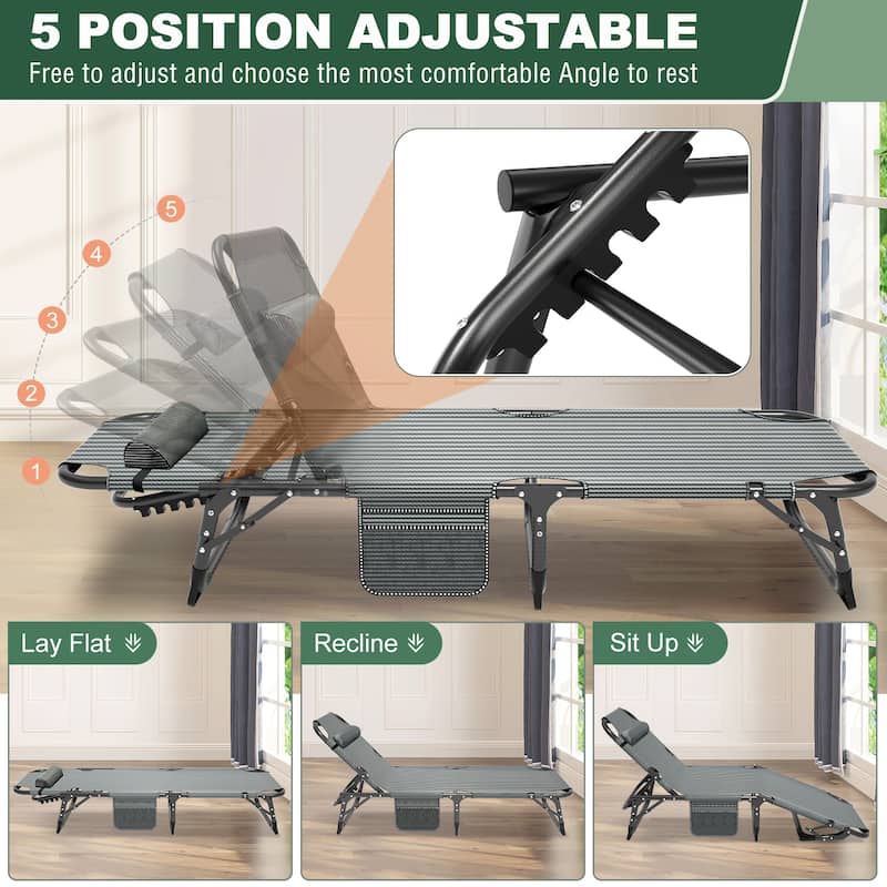 DoCred Camping Cot, Adjustable Reclining Folding Patio Chair Lounge - 75.2"x26.8"x11.8"