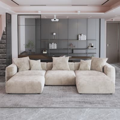 141.73" Modular Sectional Sofa, Corduroy U Shaped Sofa Couch with Ottomans