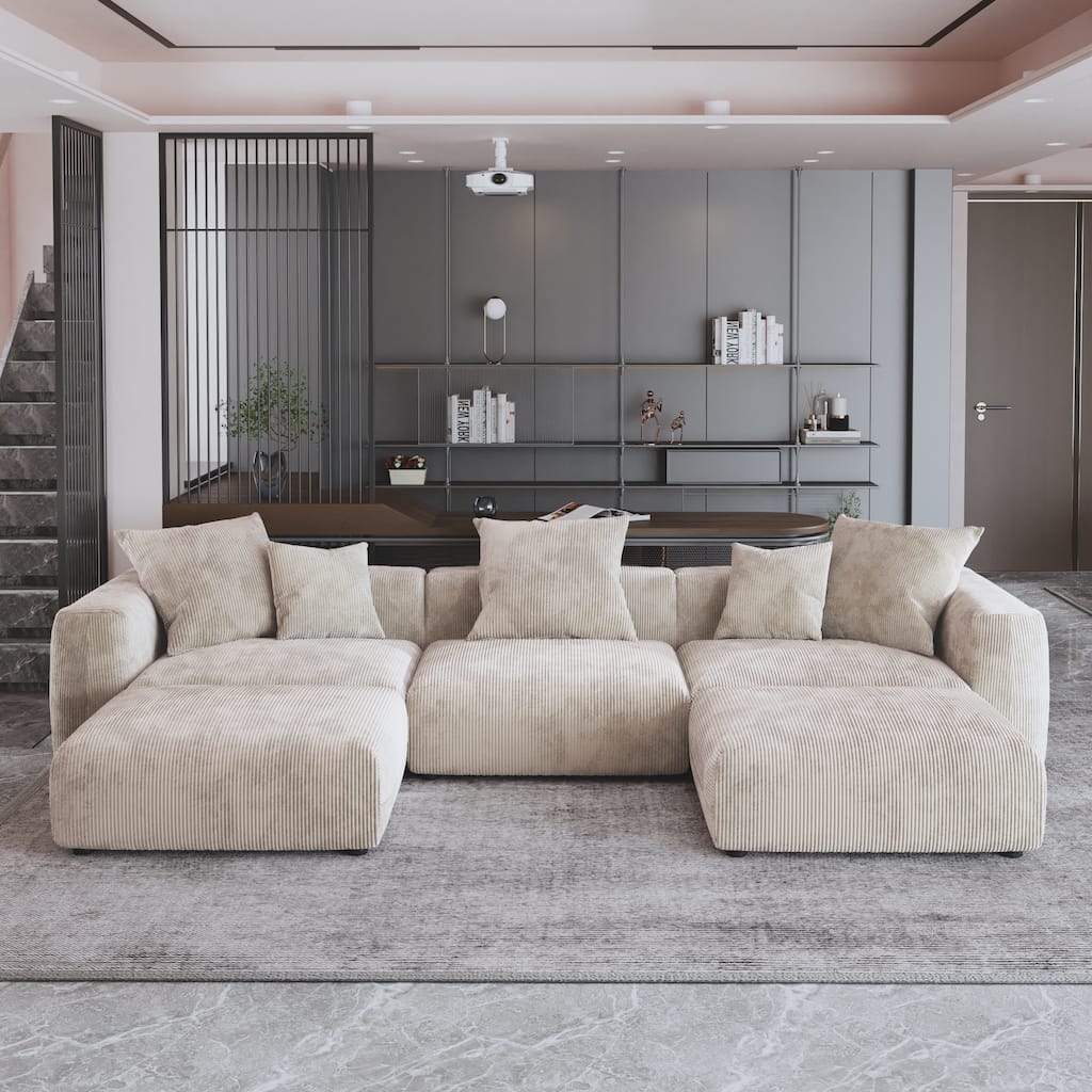 141.73" Corduroy Modular Sectional Sofa with Ottomans