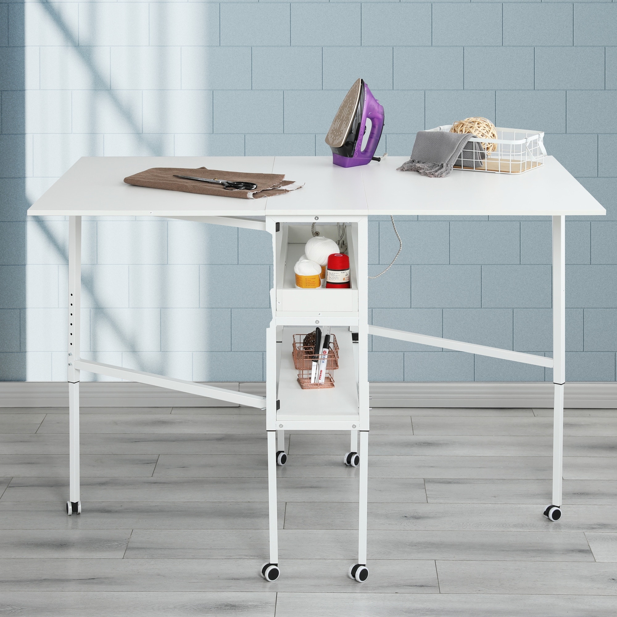 EROMMY Height-Adjustable Craft Table with Shelves, Mobile Folding Cutting Table for Sewing Rooms, Home Offices, and Craft Spaces