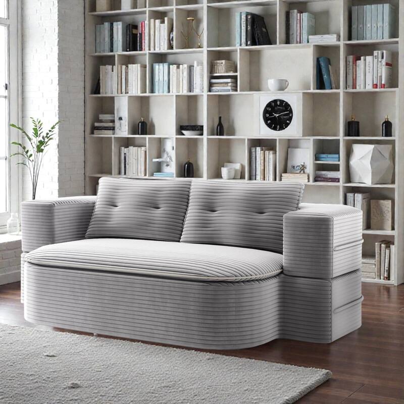 78.7 Inch Convertible Floor Sofa Bed, Plush Corduroy Sleeper Couch with Blanket and 2 Pillows, Deep Seat