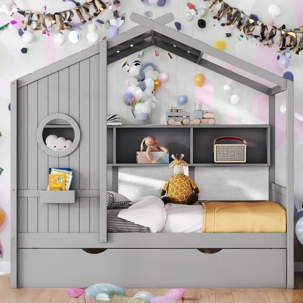 slide 2 of 18, Playhouse Design Full Size House Wooden Bed With Trundle, Modern Design for Kids with Storage Shlef-Gray Gray