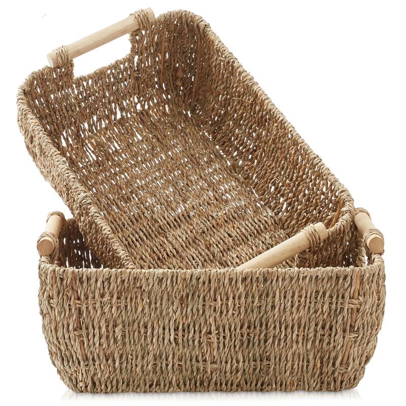 Hyacinth Seagrass Oval Storage Baskets with Wooden Handles Woven Bins