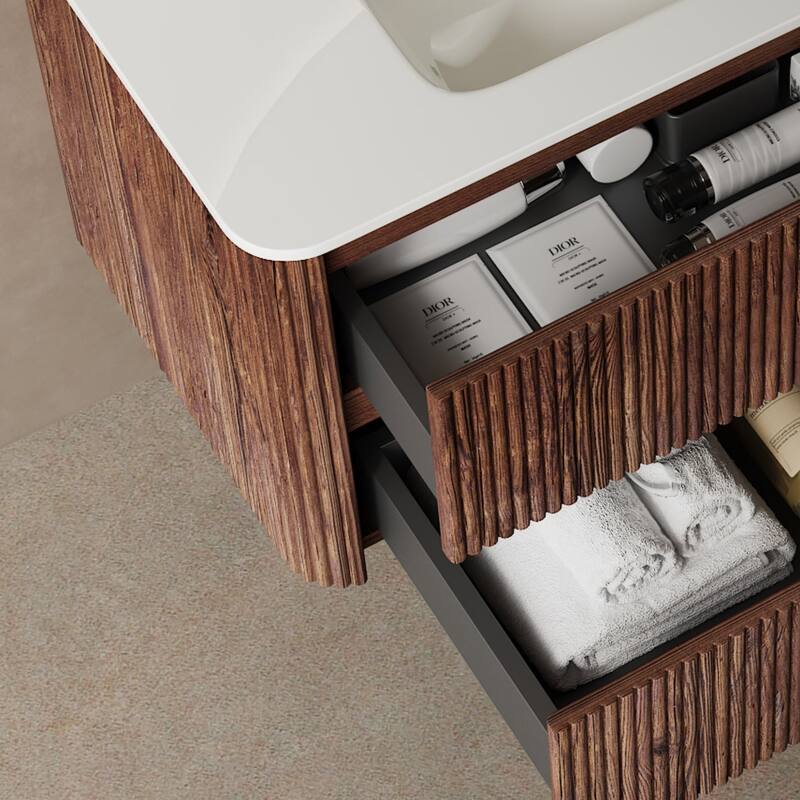 Wall-Mounted Bathroom Vanity Set in White + Deep Walnut with Integrated Ceramic Sink