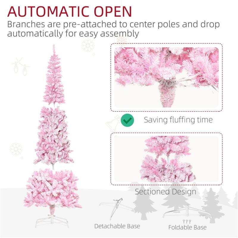 7 ft White and Pink Snow Flocked Pencil Artificial Christmas Tree with 700 Tips and 350 Warm White LED Lights - 31.5" x 88.5" L