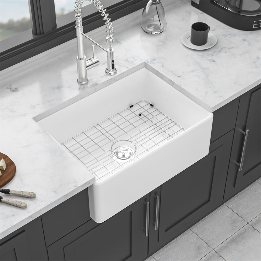 28" Kitchen Sink Ceramic Single Bowl w/Drain Assembly and Bottom Grid