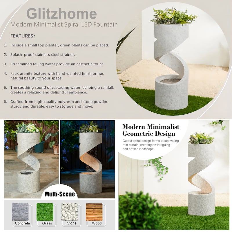 Glitzhome Modern Minimalist Spiral LED Polyresin Outdoor Fountain with Small Planter