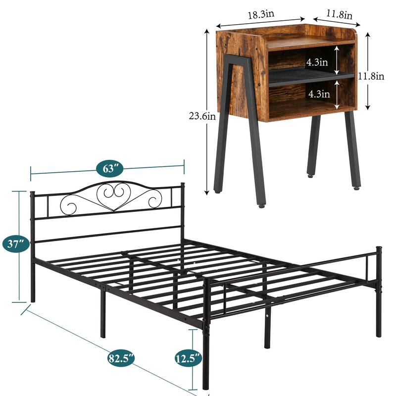 3-Pieces Bedroom Set with Black Platform Bed Frame and Nightstands Set of 2 - Queen