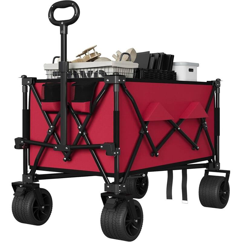 Outdoor Collapsible Folding Wagon Cart, 350lbs Capacity for Beach, Camping, Garden - Red