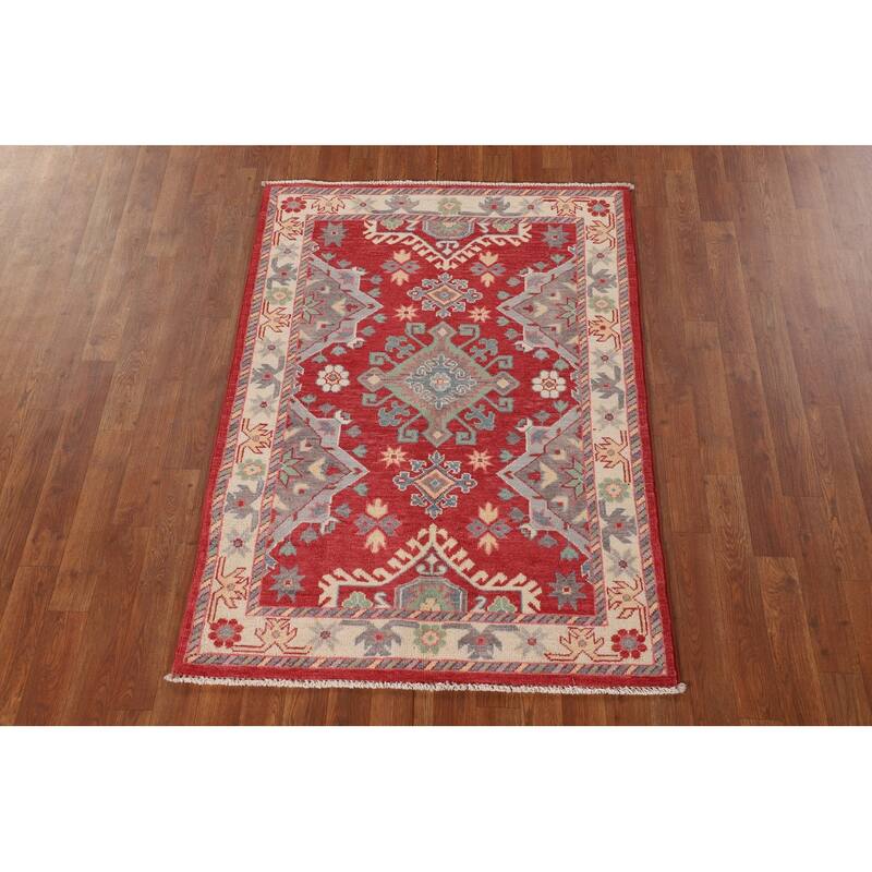 Red Kazak Accent Rug Handmade Geometric Wool Carpet - 3'4"x 4'8"