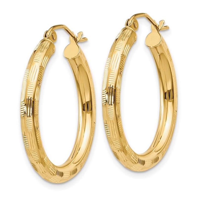 Curata 14k Yellow Gold Textured Checkerboard 25x3mm Hoop Earrings